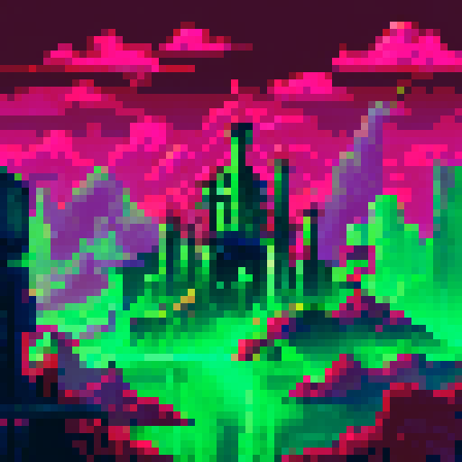 "CipherHub" in neon green and glowing, set against a dark, ominous sRGB background, with pixel art landscapes reminiscent of a dystopian future in shades of black and purple