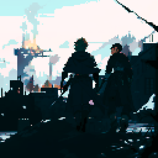 Final fantasy tactics detail soldier walking towards war torn city with a panzer faust on his back and a rifle in his hand. A Squad Mate of his is looking towards him in background, he has a cape on and a hood. City has snow on it. Colorful but not to bright of colors. 