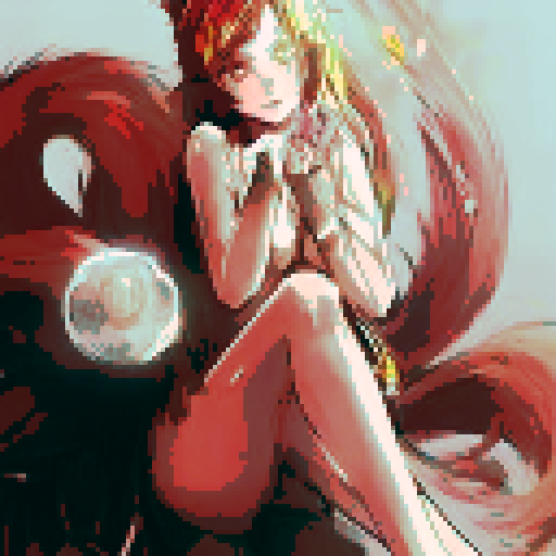 Kitsune with nine tails, each adorned with gold bells, perched atop a blooming sakura tree surrounded by swirling pink petals, all rendered in vibrant anime style