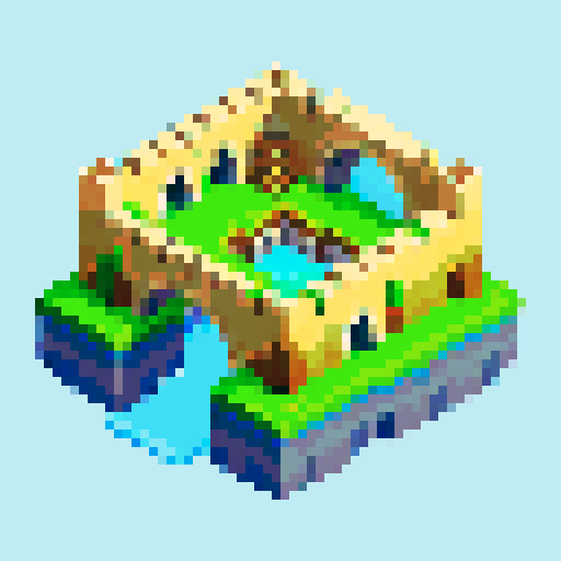 isometric view, stone bridge, deep chasm, fortress on the left, wider planes on the right, pixel art, sRGB