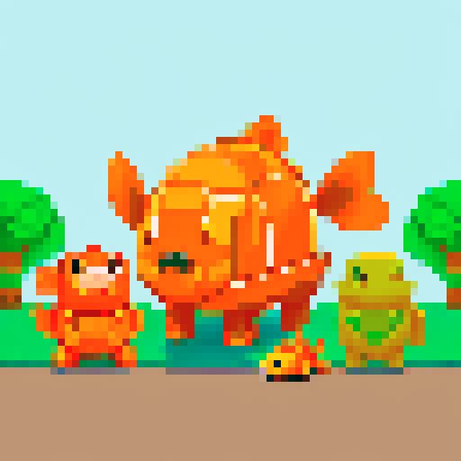 A goldfish, a turtle, a cat and a dog standing together as a family. 
