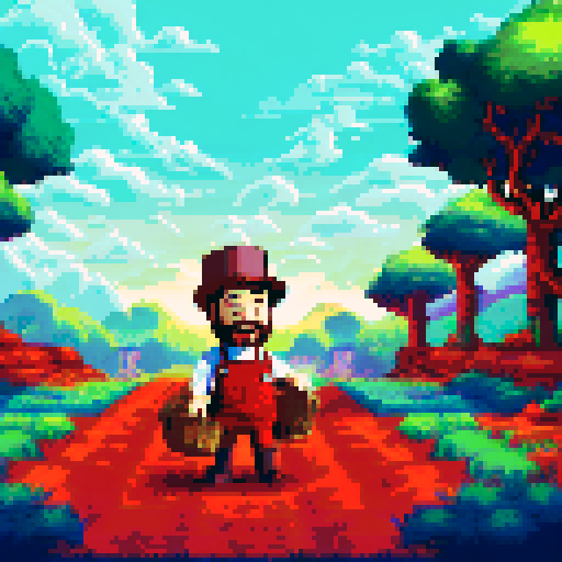 A jovial farmer, adorned in opulent attire, stands amidst sacks of money, pixelated backdrop of rolling hills and azure skies in vibrant sRGB hues
