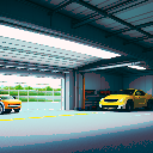 Large open garage for cars, grey, asphalt, tools, auto parts. Cars are being repaired inside, pixel art
