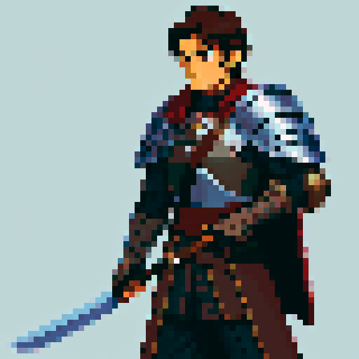  Knight with Dark Brown Hair and stubble. He has a longsword slung over his shoulder.