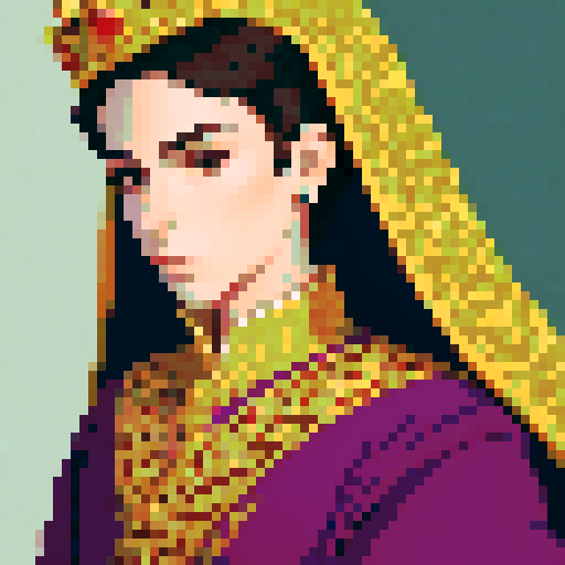 prince, regal, crown, majestic, sharp features, solver accents, royal robe, intricate embroidery, game icon, 32x32 pixel art, sRGB, skill art, close up, portrait