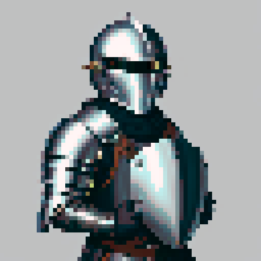 weaponsmith portrait, middle ages, plate armor, helmet, pixel art, non-vibrant colors