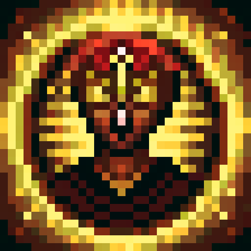 Firebreathing war general with a fierce expression, adorned in golden armor and a red cape, holding a sword with flames licking the blade, against a background of billowing smoke and embers in a pixelated, skill art style for a game icon.