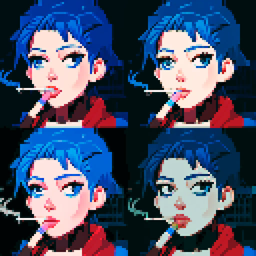 Blue haired 90s pop girl, smoking a cigarette, downtown, in the rain, gritty