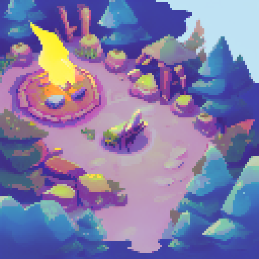 Snowy mountains in the background with pine forest in the foreground. Nightsky with shooting stars. campfire in the pine forest.