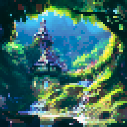 Jungle castle, lush green foliage, vibrant colors, cascading waterfalls, towering architecture, golden light, portrait style.