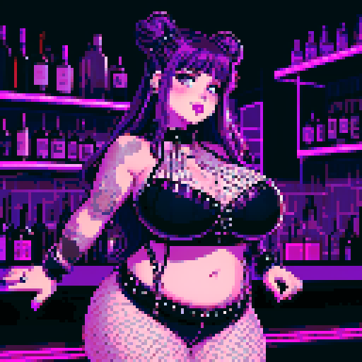 Portrait of Thicc, curvy, busty goth babe with studded collar, long purple hair in buns, fishnet stockings, studded halter top, bartending at nightclub, neon signage. pixel art, sRGB.