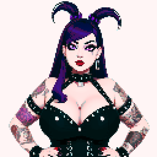 Plus size busty greaser goth girl, with long purple hair, eyeliner, red lipstick. wearing a halter top and studded collar. Posing for a face portrait, avatar photo. vibrant sRGB colors, pixel art, edgy aesthetic