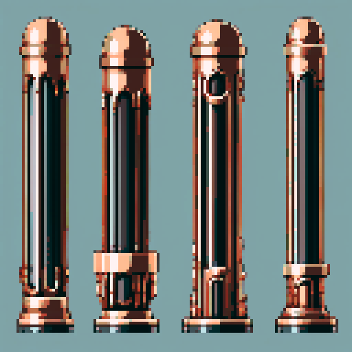 I want a tall vertical copper structure reminiscent of a organ pipe. It should have strange mechanical details that could interlock with each other. I also want this object usable an asset in a videogame, meaning only one object per image, outlined with a strong black stroke, on a solid-color background.