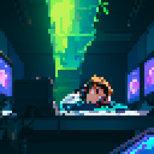 sci fi room where 25 years old guy laying down in the chamber to enter in the virtual world. This guy has headset on his head, no headphones, no vr glasses. Far view. 64 bit pixel art style