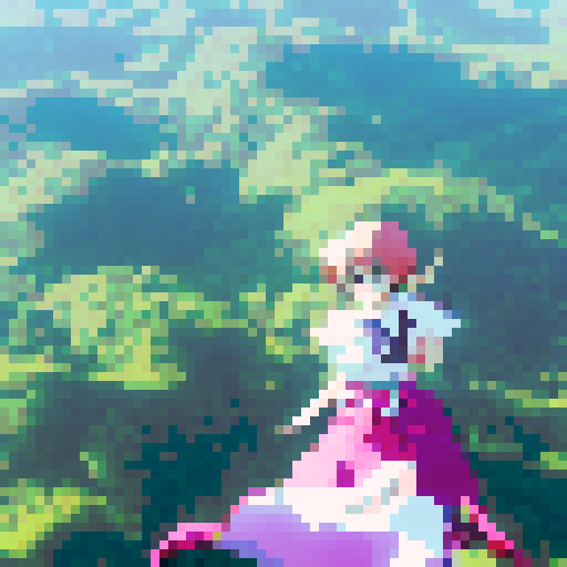 Flying high above the treetops, the Touhou shrine maiden gracefully soars in a top-down view, her flowing hair and billowing skirt capturing the anime-style essence of her magical flight.