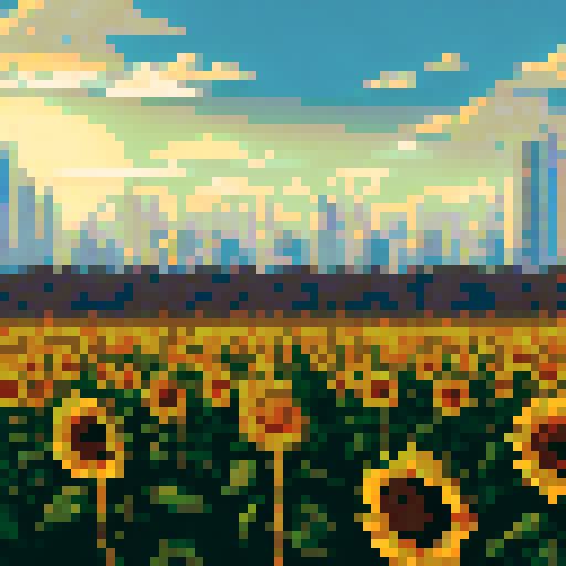 a small field of sunflowers with skyscrapers in the background
