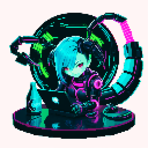 cute cyberpunk scorpion with human head, human head is from anime inspired character with vibrant hair, expressive eyes, and a playful smile, scorpion is playing computer games, tables with coca cola, scorpion's tail should be fully in the picture, bright yellow and cyan and pink lights