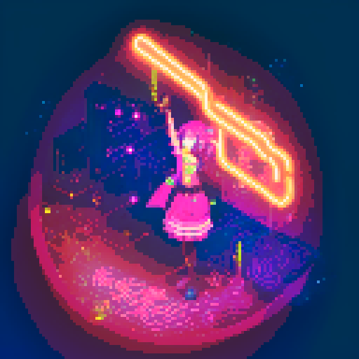 Mage anime girl with flowing hair, fluorescent tattoos, and a glowing staff, navigating through a purple neon-lit night market, vibrant colors, intricate patterns, retro aesthetics, pixel art