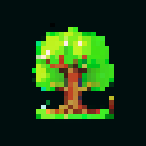 Mighty tree guardian, bark armor, large branches, glowing blue eyes, tall and proud, flowers blooming along limbs, aura of protection and serenity, pixel art, sRGB