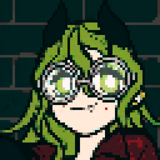 pale-skinned demon, green messy hair, two small black horns, green eyes, round golden glasses, golden ear piercings, red jacket, pixel art, sRGB