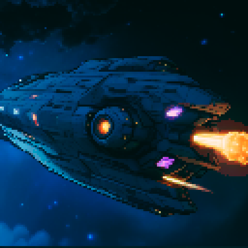 spaceship with sleek metallic exterior, glowing engine fires, starry backdrop, vibrant pixel art, sRGB colors