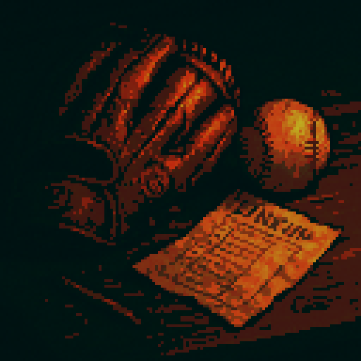 A close-up pixel art still life: a weathered brown leather baseball glove, a scuffed baseball, and a crumpled lineup card lying on a dusty wooden desk. Soft, moody lighting with long shadows and warm sunset tones. The desk has scratches, a chipped pencil, and maybe a faded team logo barely visible on the glove or card. Use deep browns, tans, and warm orange highlights.