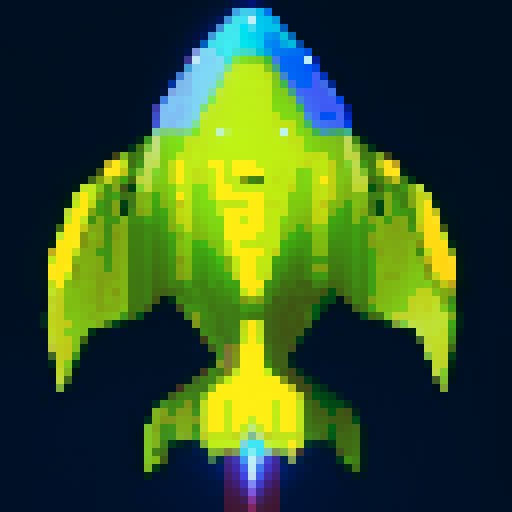 spaceship, overhead view, retro pixel art, vibrant colors, sleek design, glowing thrusters, transparent background, futuristic technology, metallic hull, intricate details, cockpit window, planets in the distance