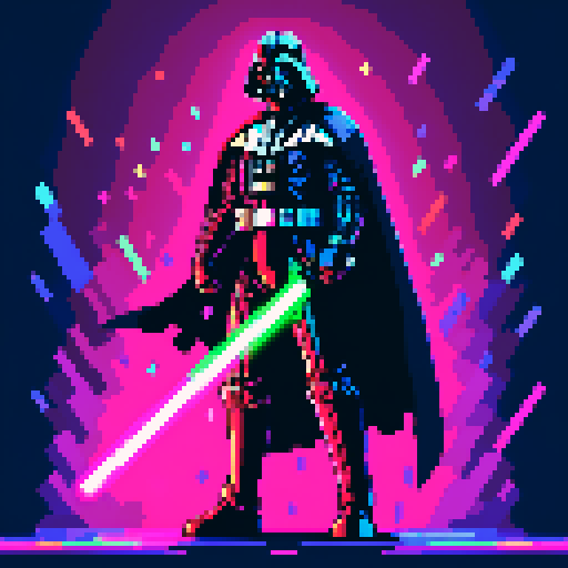Darth Vader, menacingly standing tall, surrounded by vibrant pixelated lightsabers, emanating an intense neon glow in a mesmerizing sRGB color palette