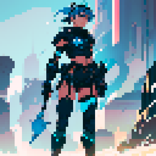 athletic female, exuding strength and agility. shoulder-length Midnight Blue hair, streaked with Royal Blue highlights. armor is a sleek combination of Dark Slate Blue and Neon Cyan, Steel Gray accents cover her gauntlets and shin guards, Charcoal Black underlayer. glowing Gold artifact on chest and Blue visor. utility belt, in Dark Gray with Neon Purple details, and black boots with Cyan highlights