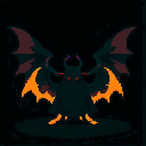 A terrifying demon cloaked in darkness, with smoky tendrils, massive wings, and glowing red eyes. It exudes an aura of fear and dread, blending into the shadows. No background.

