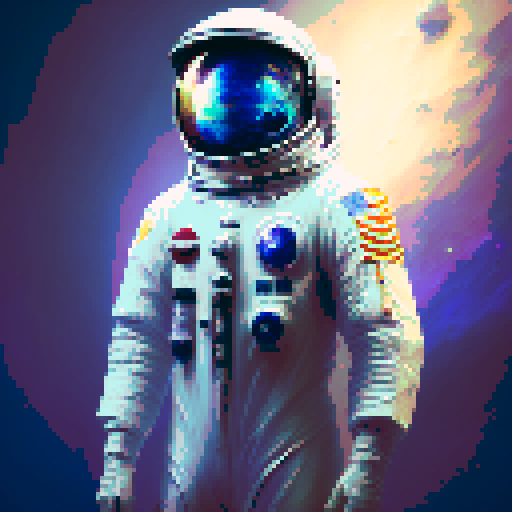 space traveler in vibrant pixel art white spacesuit, with a helmet showcasing a reflective visor, surrounded by swirling galaxies, twinkling stars, and celestial wonders, all rendered in space colorful palette.
