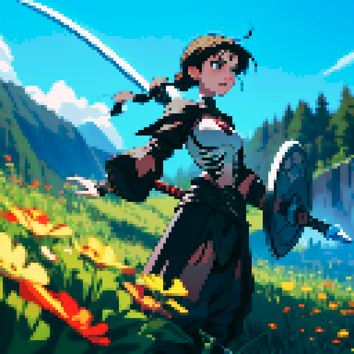skeleton, sword, shield, poised, striking, sRGB, pixel art