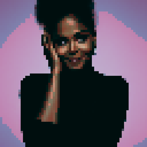 Happy, luscious Janet Jackson strikes a pose with hands on hips or sides while wearing a black turtleneck sweater; use a large aperture for shallow depth of field and render her as a Pixar character in pixel art style.