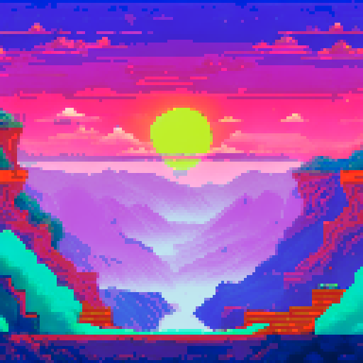 distant cityscape, vibrant sunset hues, twinkling stars, towering cliffs, dense forest, sRGB, pixel art, background, landscape