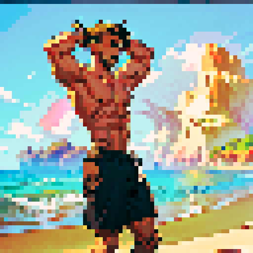 uncaring, shirtless man, flexing muscles, beach, pixel art, sRGB