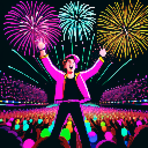 Solo male vocalist, vibrant retro outfit, passionate singing, neon lights glow, enraptured massive crowd, raised hands, pixelated fireworks burst, vivid sRGB color palette