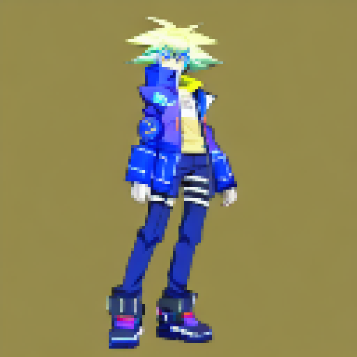 A cyberpunk themed character with yellow hair that has black highlights, with an oversized blue jacket, standing idle like a JRPG battle idle pose. No background.