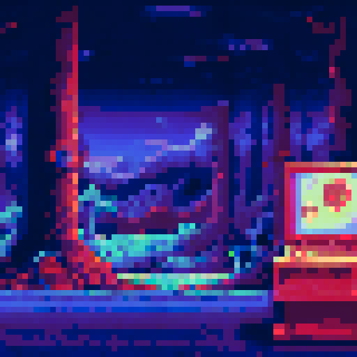 horror pixel art background inside of kids indoor playground with good toys and darkness in the corner of the room