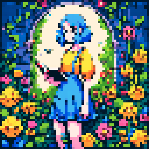 Girl with vibrant blue hair, wearing a flowing yellow dress, holding an ancient leather-bound book, surrounded by a whimsical pixel art garden, with vibrant flowers and lush greenery, all rendered in the vibrant sRGB color space