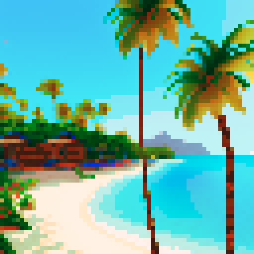 A beautiful pixelated beachside chalet, palm trees swaying in the wind, turquoise water and a sandy beach