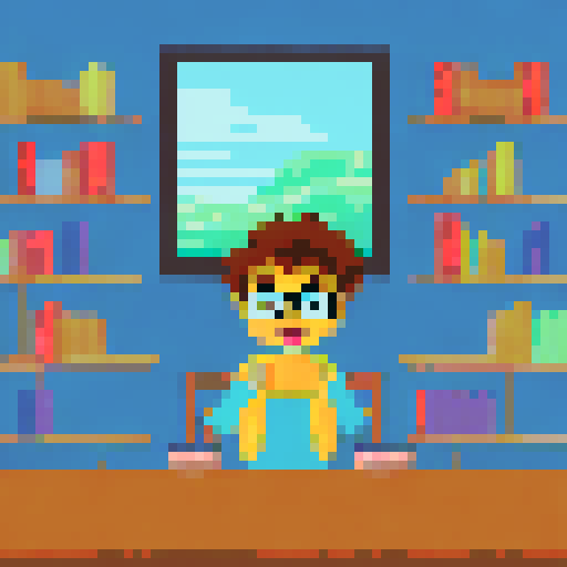 Curly-haired boy with glasses, sitting on a table, explaining something to me, while a front-facing Disney-style bookshelf serves as the background, all rendered in pixel art with a vibrant sRGB palette and a scenic landscape background