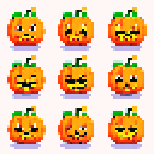 cartoon pumpkin faces with expressive eyes and quirky grins, rendered in vibrant pixel art with a rich sRGB color palette