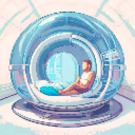 inside of a spherical space pod, a person sleeping in the middle in a cryo pod, top half of the space pod is glass looking out to space