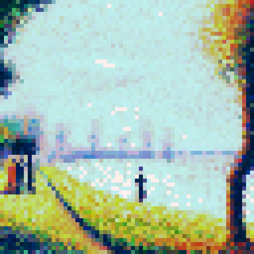 Mimic Georges Seurat’s pointillist technique by translating the details of the image into small, evenly spaced pixels with soft, blended colors. Focus on subtle, muted tones to evoke Seurat’s impressionist style, creating a calm and serene atmosphere. Ensure that the pixelated image reflects the original composition but maintains the abstract, dotted feel of pointillism, while avoiding vivid or harsh colors, opting instead for smooth, harmonious transitions between shades.