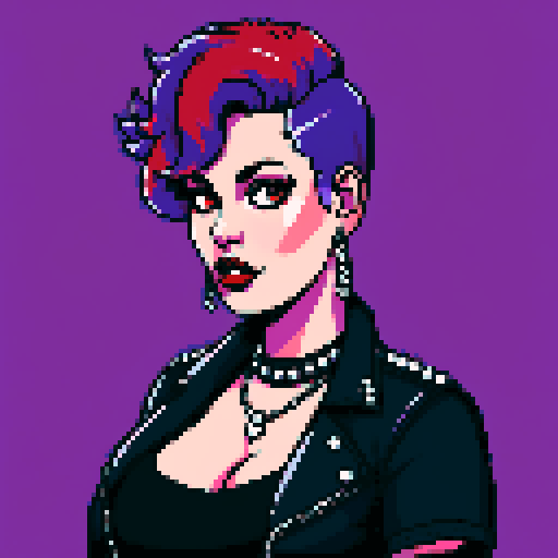 plus size, busty, greaser goth girl with medium length purple hair, black eyeshadow, and red lipstick, wearing a low-cut studded leather halter top and studded collar, posing for a glamour shot photo, creating a whole head portrait as an avatar photo, with vibrant sRGB colors, pixel art, and an edgy aesthetic