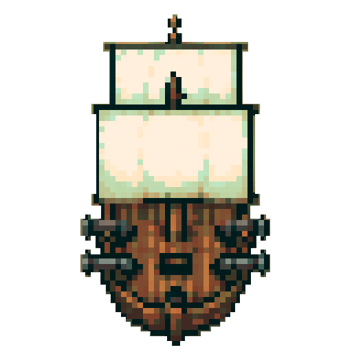 Pirate ship, large cannons, two white square sails, facing North, high top-down view, transparent background, sRGB, pixel art