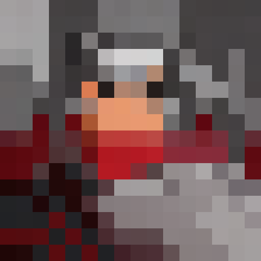 Samurai warrior with raised katana sword Sitting on bed, surrounded by cherry blossom trees, wearing a red cape, all in anime-style close-up, rendered as a vibrant and dynamic game icon using 16x16 pixel art.