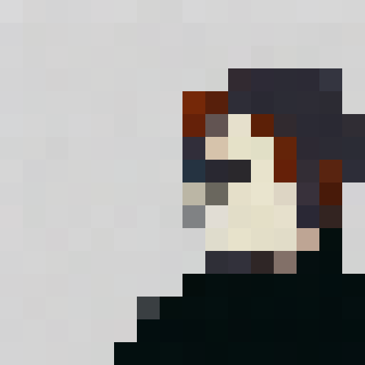 Man, curious and focused, gazes upon an awe-inspiring sunrise with hues of orange and pink, his silhouette outlined against the tranquil, blue ocean waves in a retro 16x16 pixel portrait style.