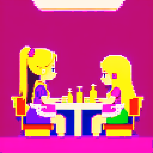 A nail tech with long blonde hair wearing a pink apron and a girl with brown hair sitting and facing each other at a table in a nail salon. Nail polish bottles and UV lamps