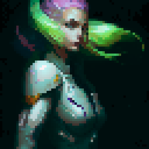 samus-aran type female character with anime eyes, no helmet, arm weapon like samus, medium sexy butt and boobs, standing facing right idle, fantasy RPG